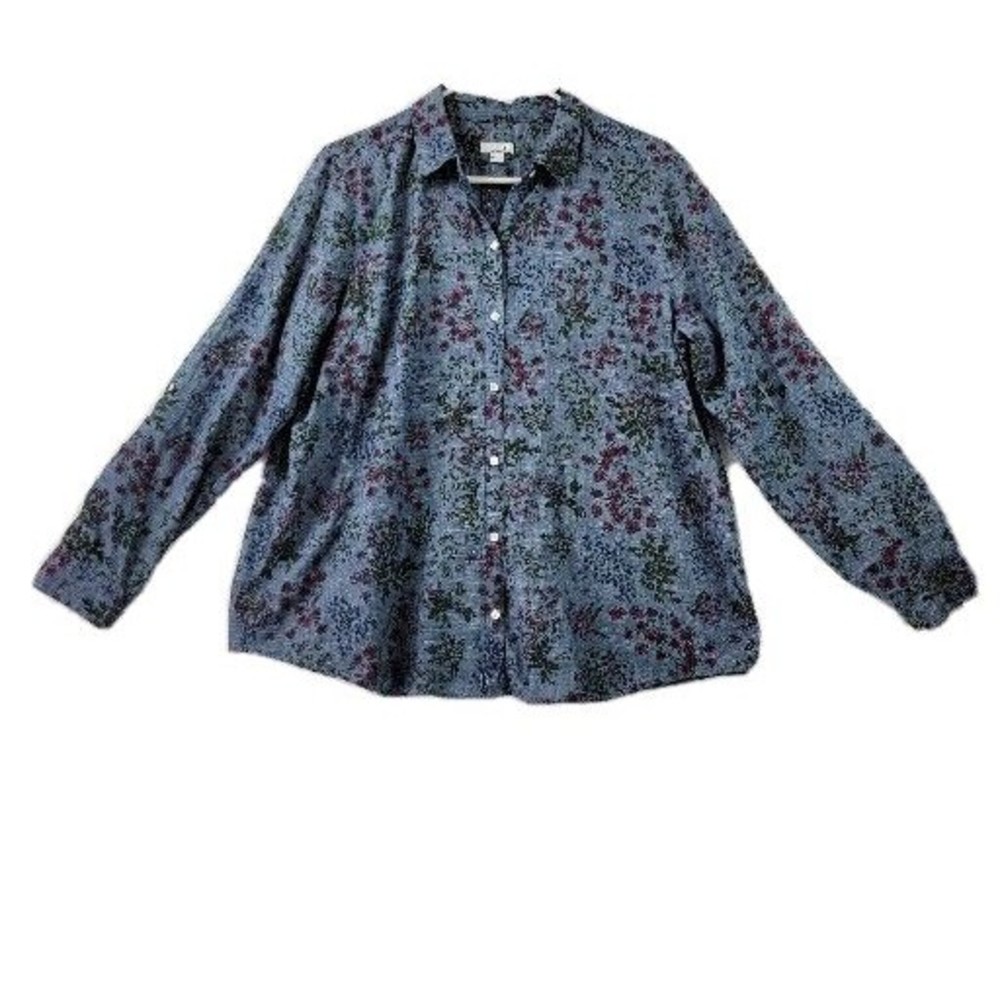 J. Jill Shirt Womens Large Button Up Floral Blue Top Cotton Lightweight W/Flaws